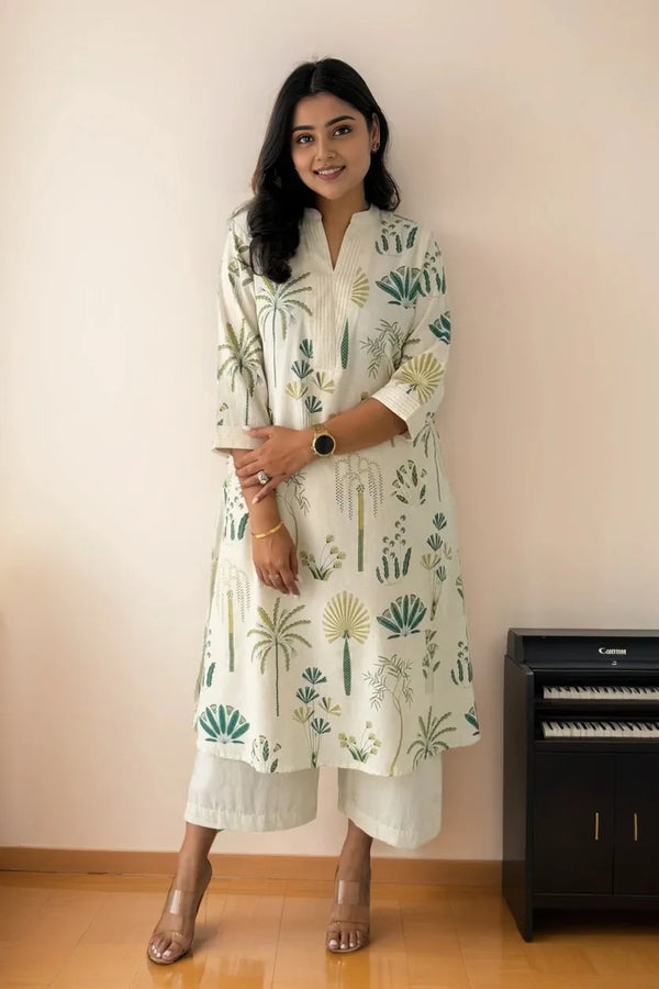 Green Cotton Flex Kurta With Palazzo