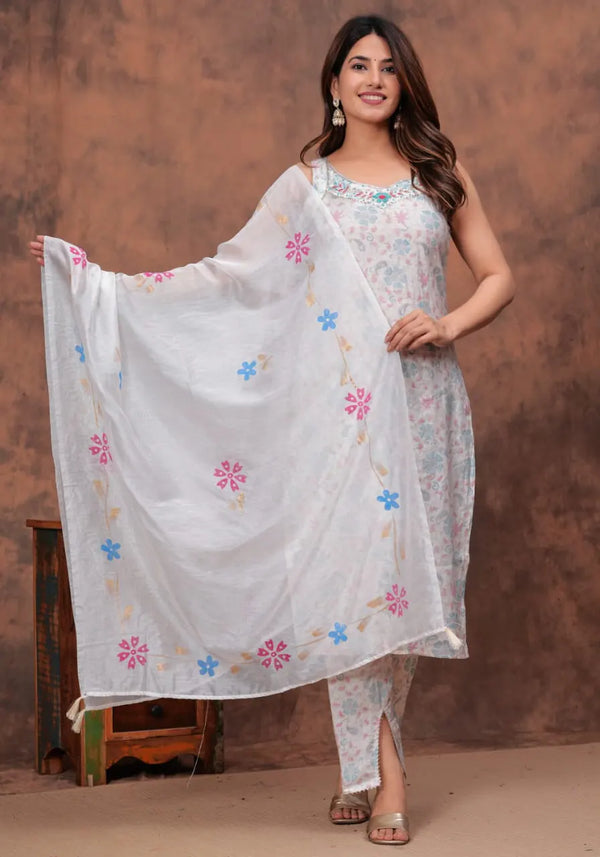 White Muslin Digital Foil Print Kurta Set