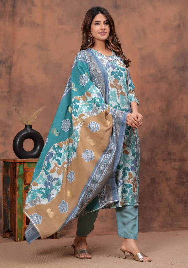 Blue Muslin Digital Foil Print Kurta Set