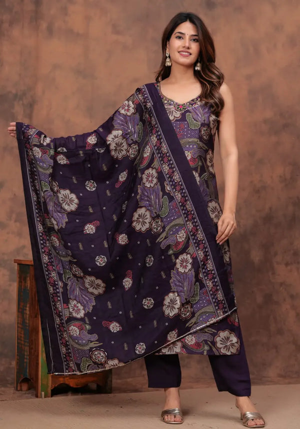 Purple Muslin Digital Foil Print Kurta Set