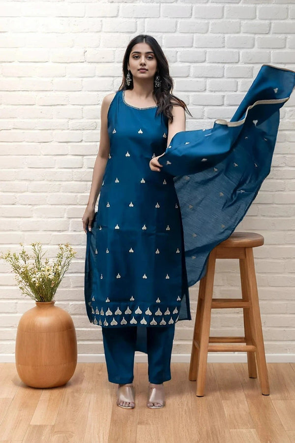 Blue Embroidered Sleeveless Kurta Set with Dupatta