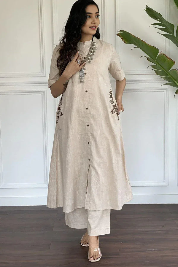 Beige Embroidered Kurta with Palazzo