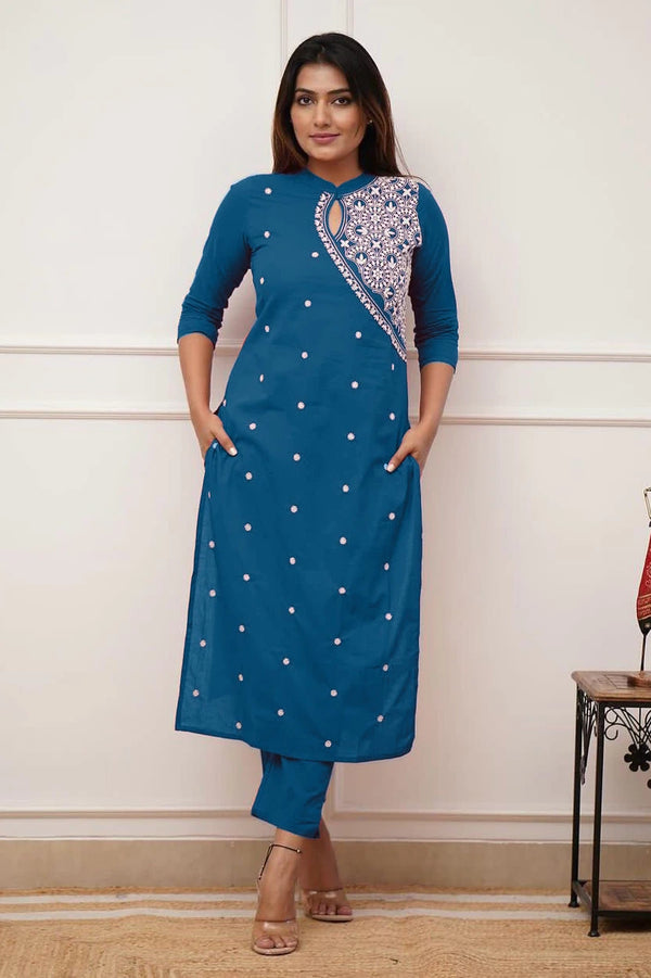 Royal Blue Embroidered Cotton Kurta Set