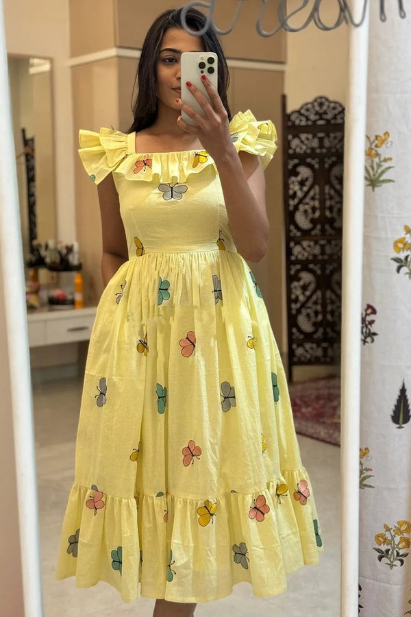 Yellow Butterfly Embroidered Midi Dress