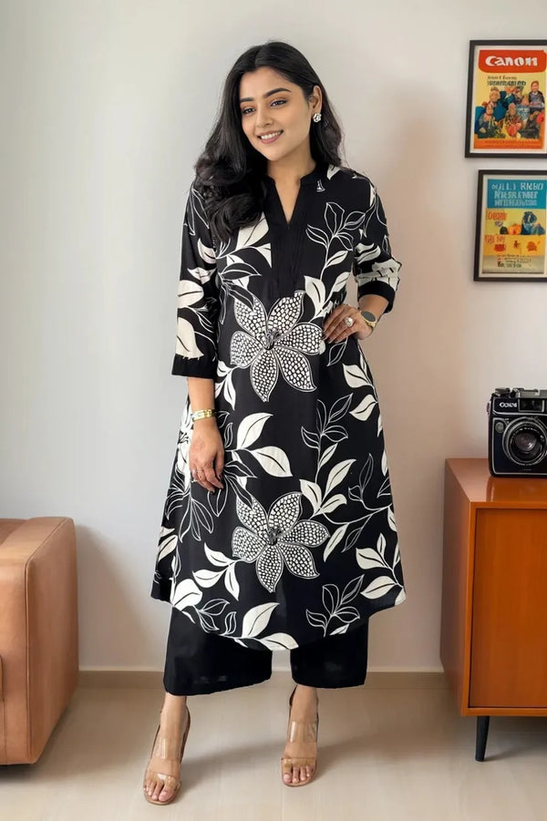 Black Floral Print Kurta with Palazzo