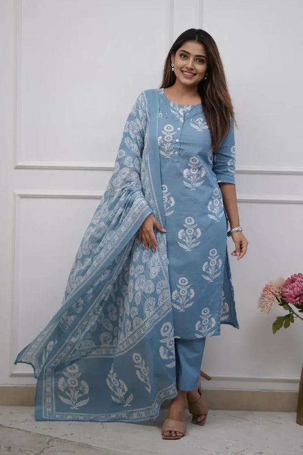 Sky Blue Floral Kurti Set with Dupatta