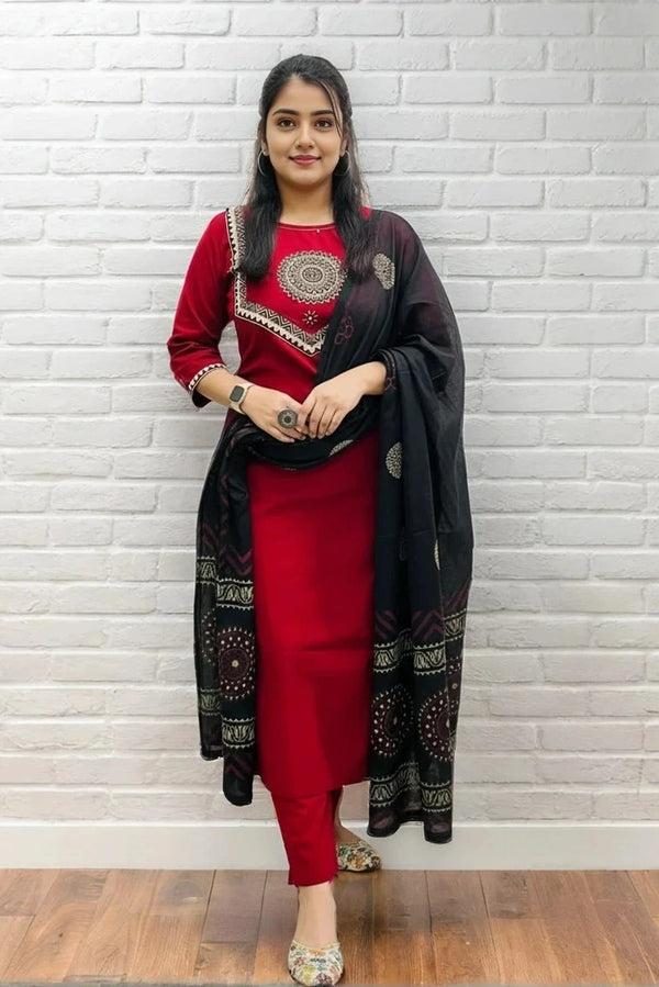 Red Adda Work Kurta Set with Dupatta