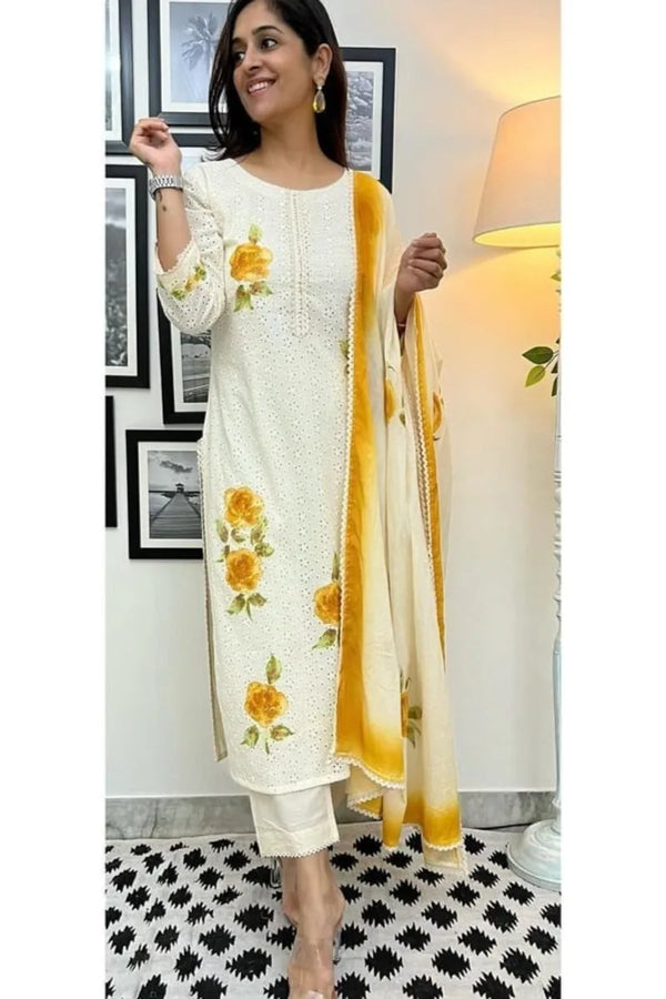 Yellow Cotton Schiffli work Kurta Set