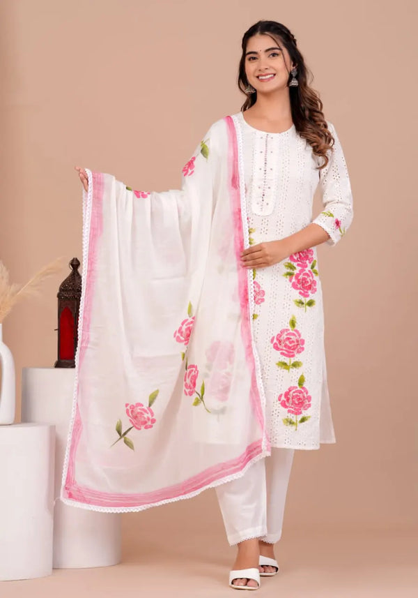 Pink Cotton Schiffli Kurta Set