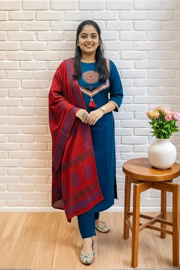 Blue Adda Work Kurta Set with Dupatta