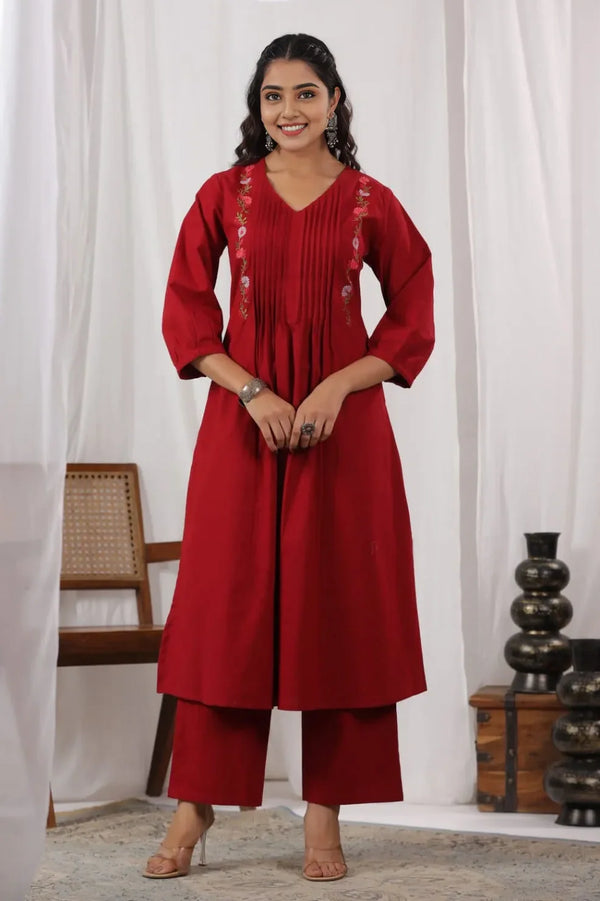 Maroon Pintex A-Line Kurta with Pant