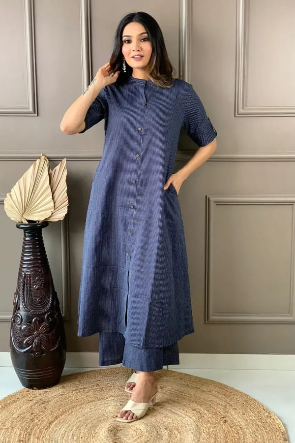 Dark Blue Cotton Katha Work Palazzo Co-ord Set