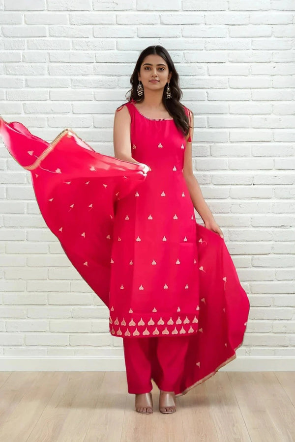 Pink Embroidered Sleeveless Kurta Set with Dupatta