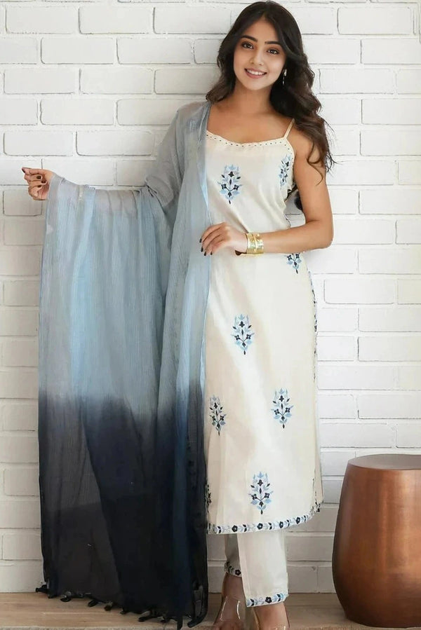 Blue Embroidered Sleeveless Kurta Set with Dupatta