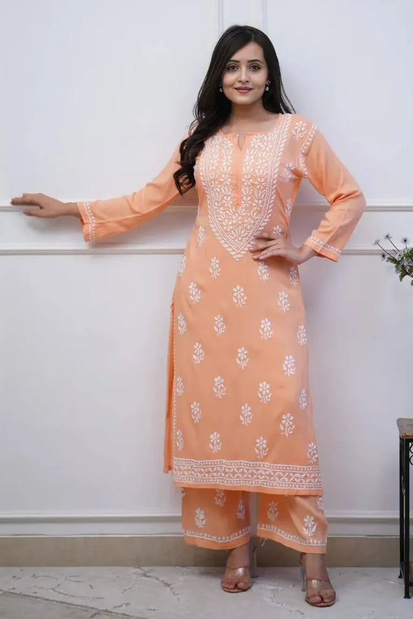 Peach Heavy Embroidered Kurta With Pant