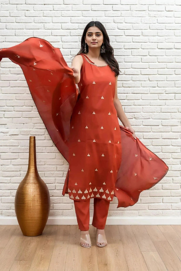 Orange Embroidered Sleeveless Kurta Set with Dupatta