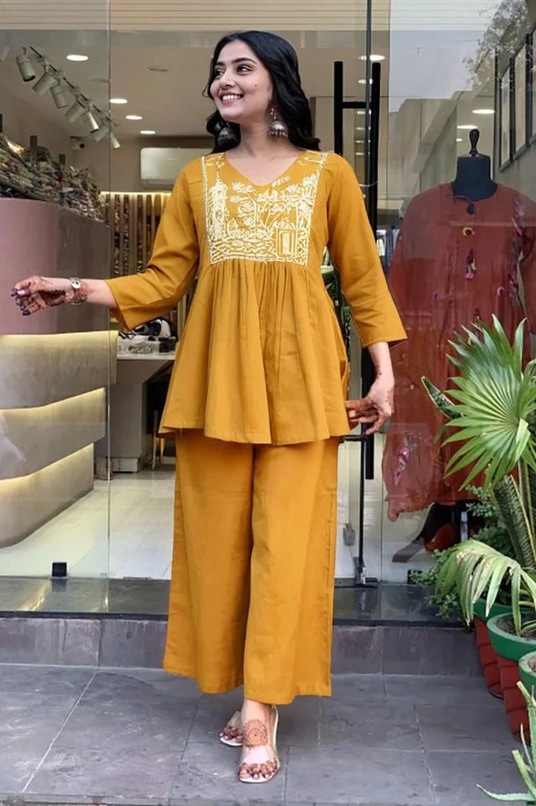 Mustard A-line Embroidery Kurta with Palazzo