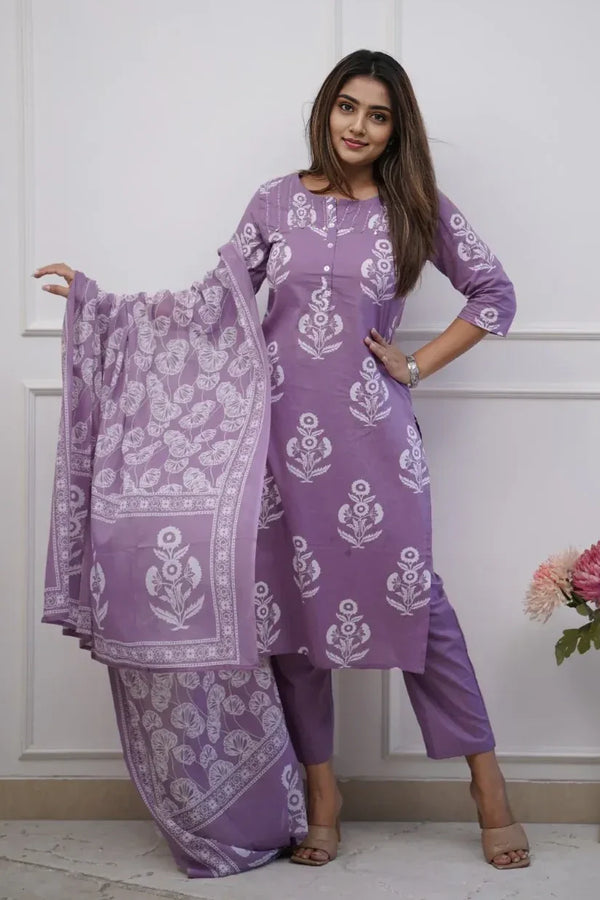 Purple Floral Kurti Set with Dupatta