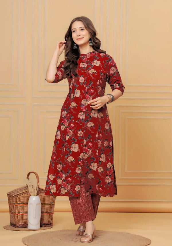 Red Cotton Floral Print Kurta with Pant