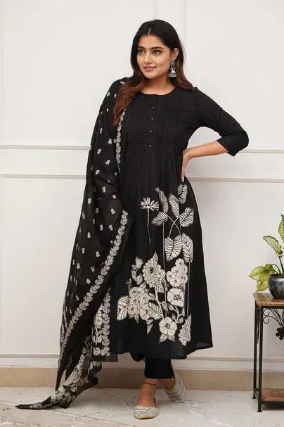 Black Floral Kurti Set with Dupatta