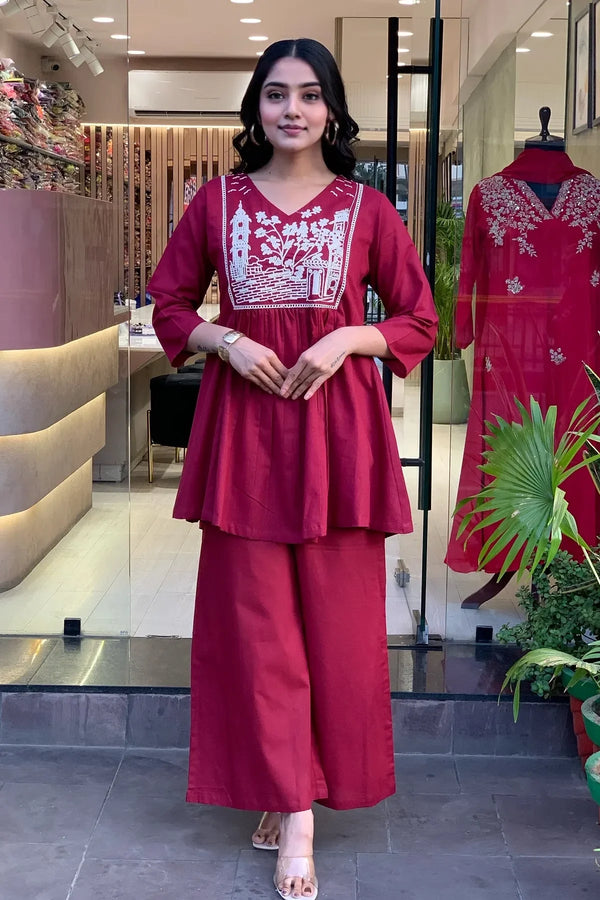 Pink A-line Embroidery Kurta with Palazzo