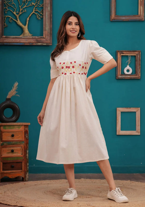 Ivory Embroidered Cotton Flex Midi Dress