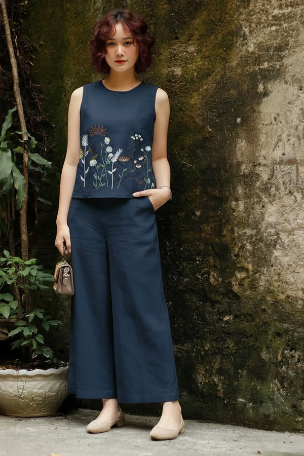 Dark Blue Embroidered Sleeveless Palazzo Co-ord Set