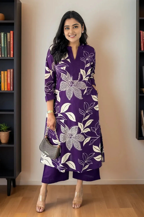 Purple Floral Print Kurta with Palazzo