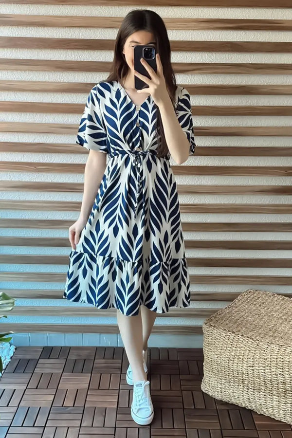 Blue Leaves Print Midi Dress