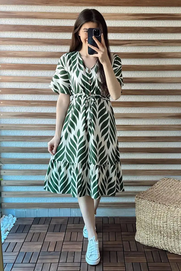 Green Leaves Print Midi Dress