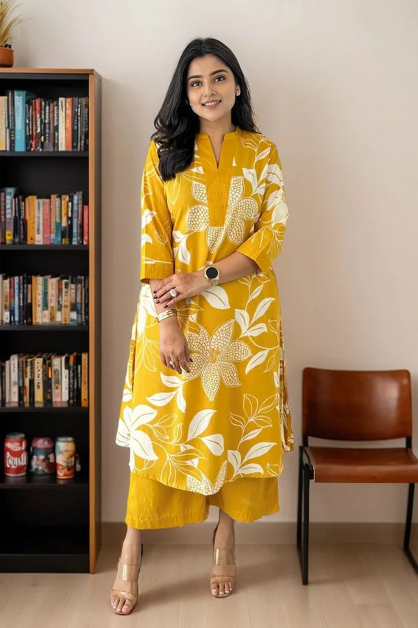 Yellow Floral Print Kurta with Palazzo