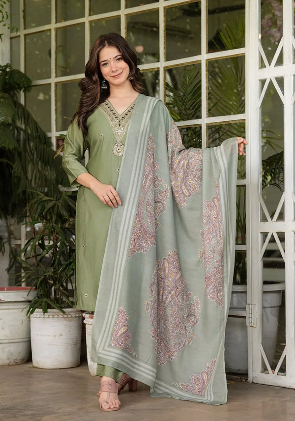 Green Modal Silk Sequins Kurta Set