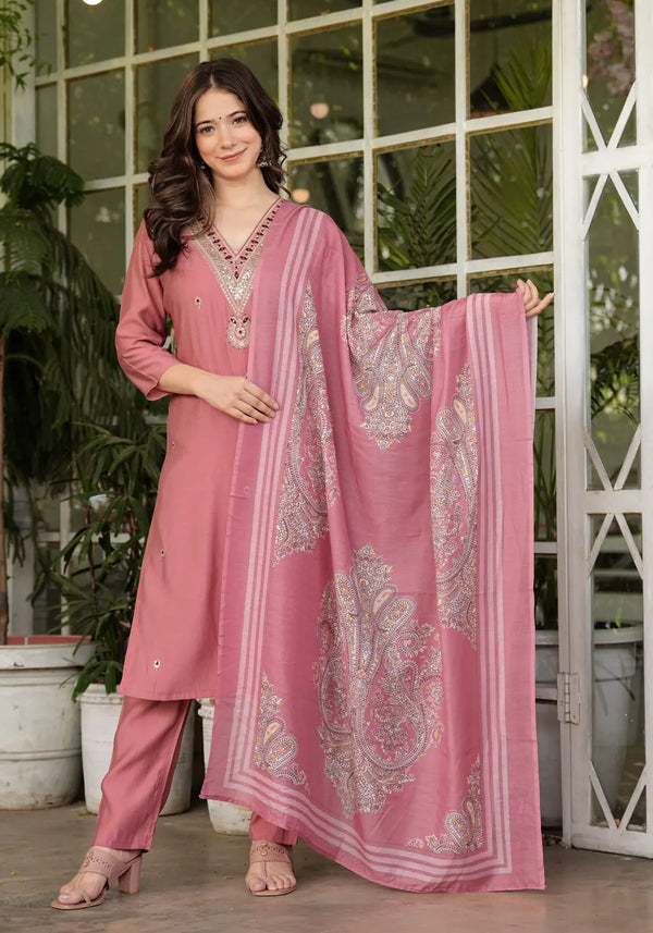 Pink Modal Silk Sequins Kurta Set