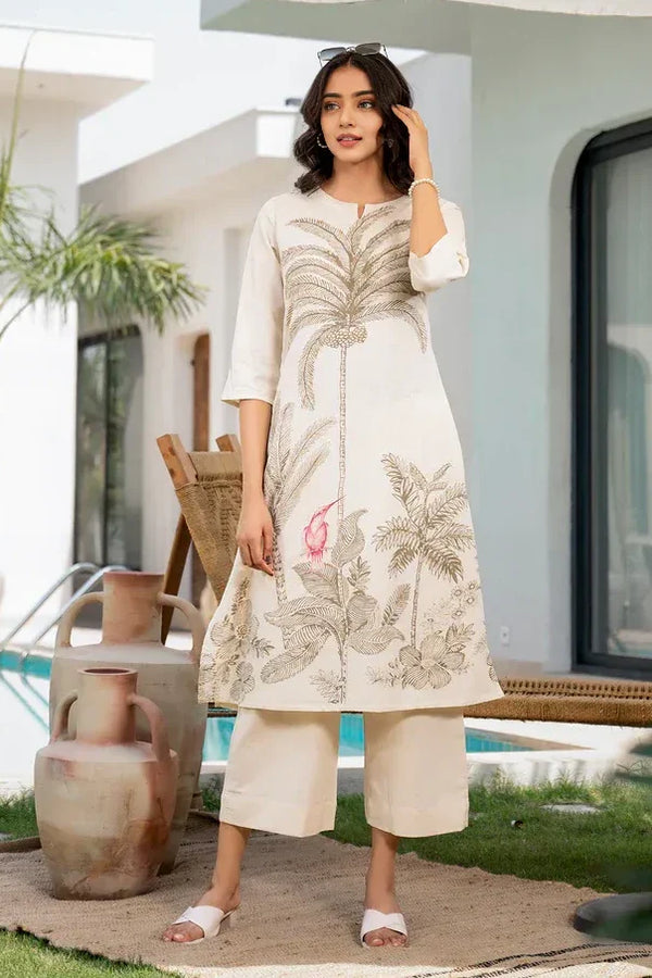 Off White Printed A-Line Kurta with Palazzo