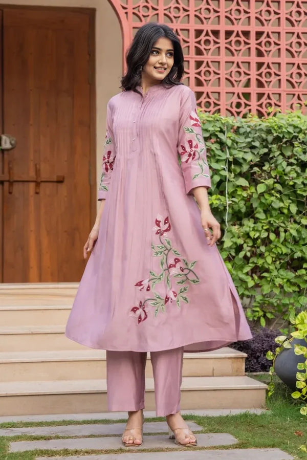 Lilac Embroidered A-Line Kurta with Pant