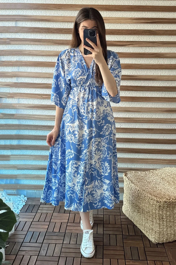 Blue Floral Printed Midi Dress