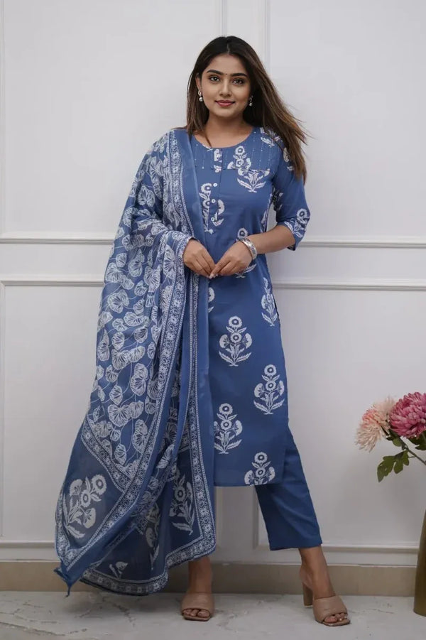 Blue Floral Kurti Set with Dupatta