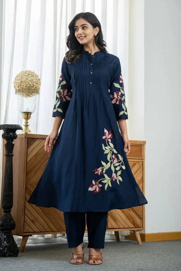 Blue Embroidered A-Line Kurta with Pant