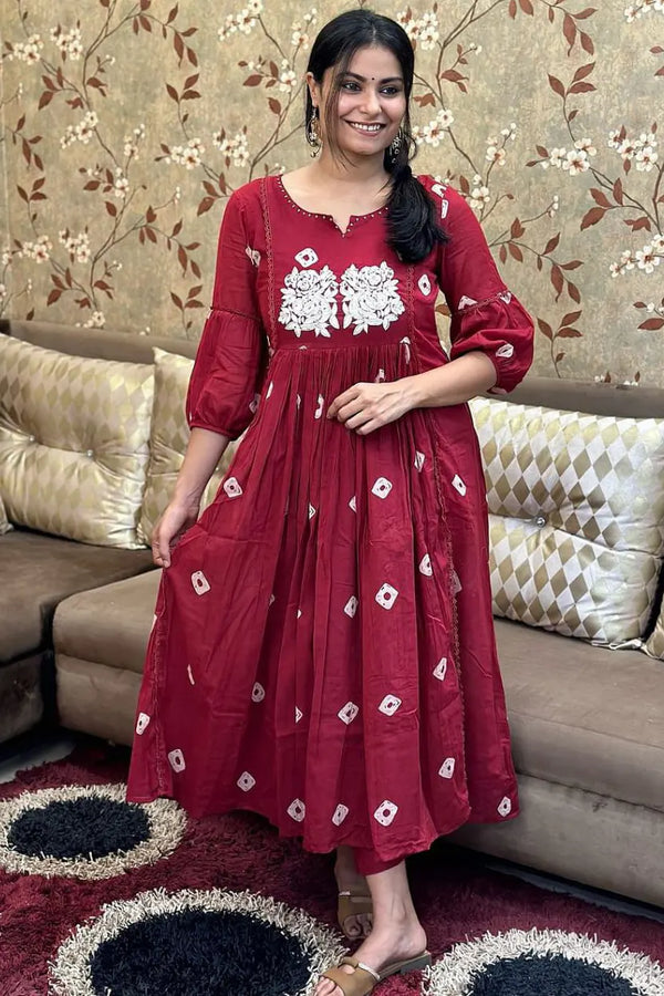 Red Anarkali Embroidered Kurti with Pant