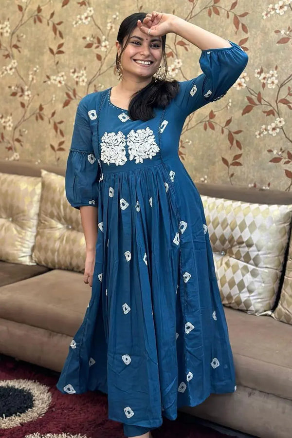 Blue Anarkali Embroidered Kurti with Pant