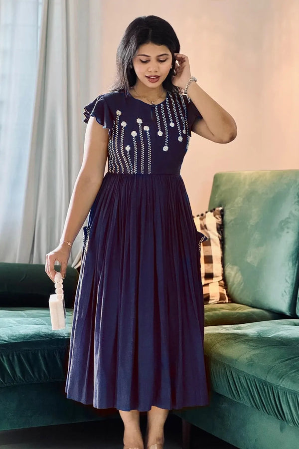 Dark Blue Embroidered Midi Dress