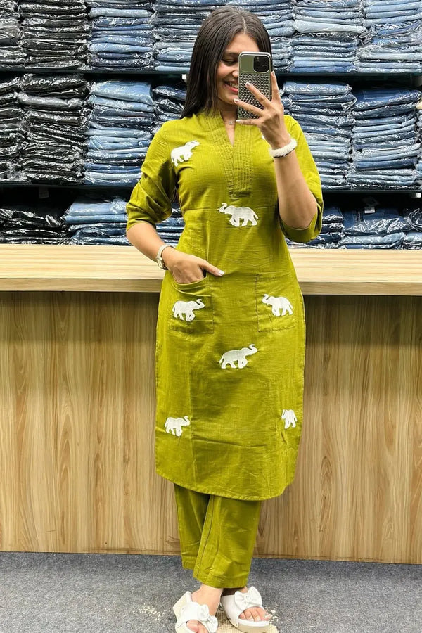 Olive Elephant Embroidered Kurta with Pant