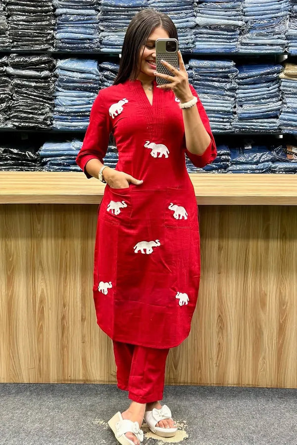 Red Elephant Embroidered Kurta with Pant