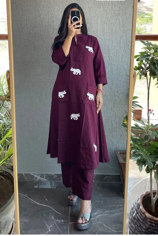 Plum Berry Elephant Embroidered Kurta with Pant