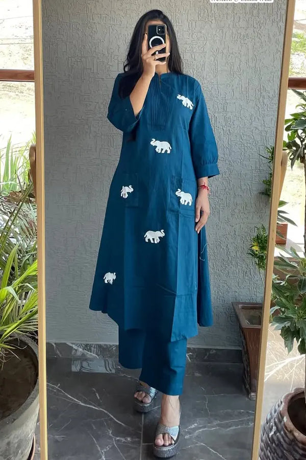 Blue Elephant Embroidered Kurta with Pant