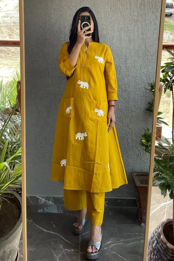 Mustard Elephant Embroidered Kurta with Pant