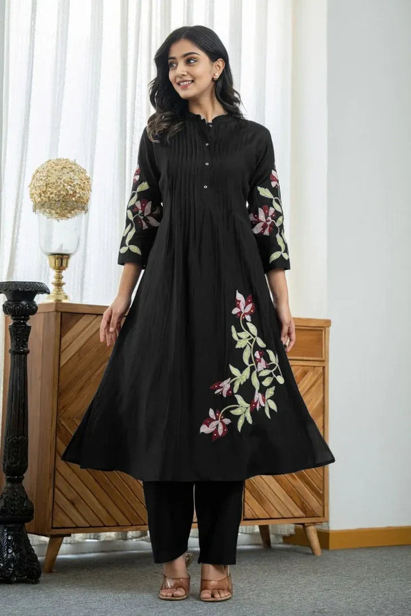 Black Embroidered A-Line Kurta with Pant