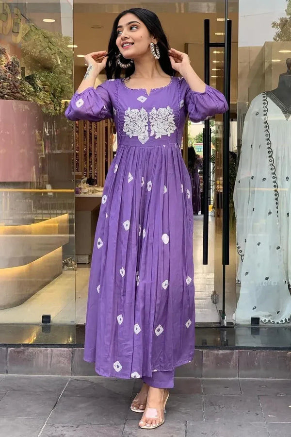 Purple Anarkali Embroidered Kurti with Pant