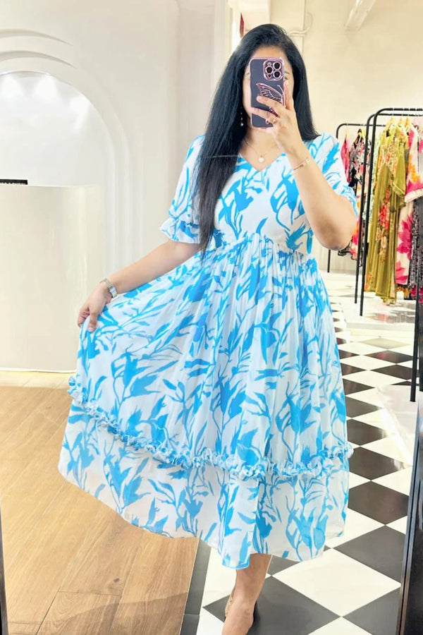 Blue Leaves Printed Midi Dress