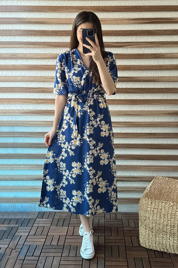 Blue Double Breasted Daisy Dress